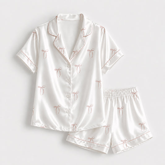 PJ-331-White Satin Ribbon Pajama Set, Pink Bow Sleeve Loungewear Sleepwear Collection Nightwear Boutique