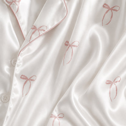 PJ-331-White Satin Ribbon Pajama Set, Pink Bow Sleeve Loungewear Sleepwear Collection Nightwear Boutique