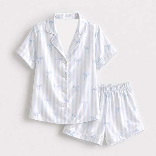 PJ-332-Blue Striped Satin Ribbon Pajama Set, Light Bow Sleeve Loungewear Sleepwear Collection Outfit