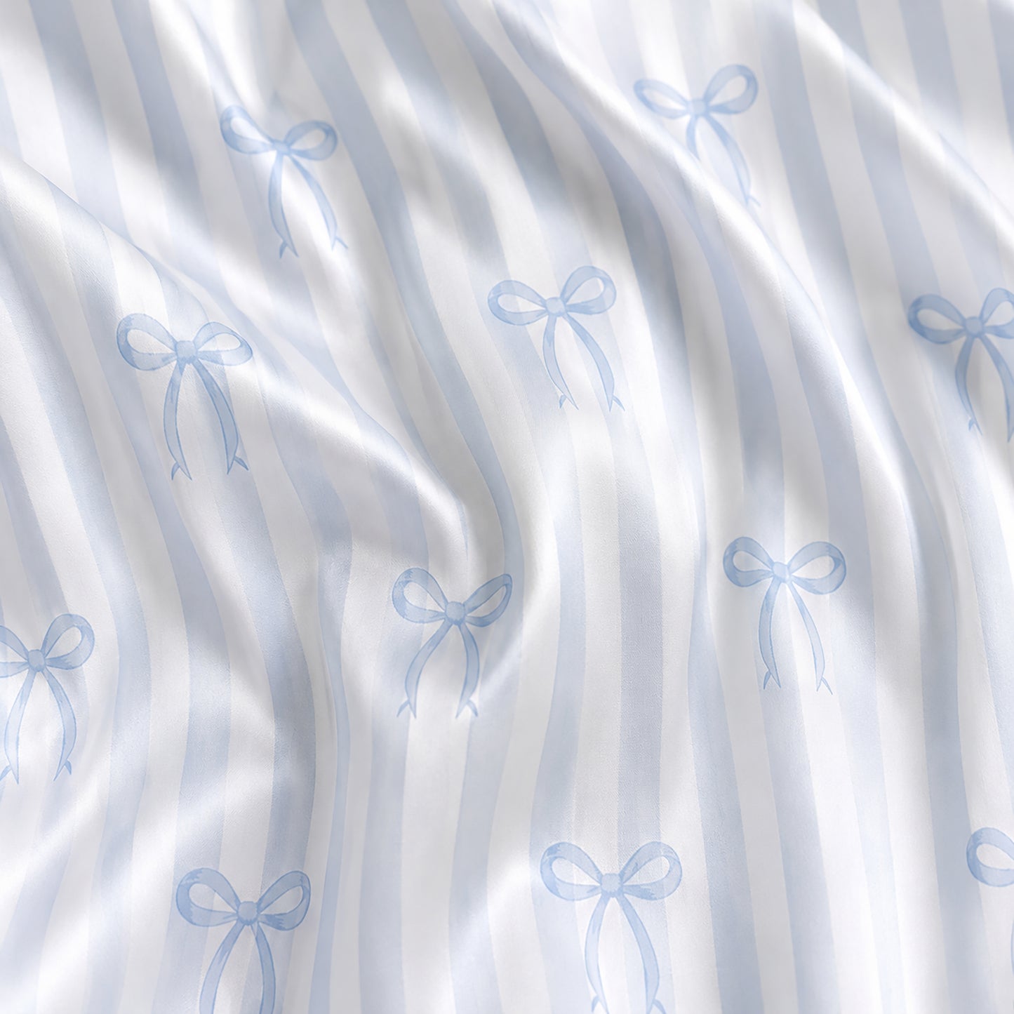 PJ-332-Blue Striped Satin Ribbon Pajama Set, Light Bow Sleeve Loungewear Sleepwear Collection Outfit