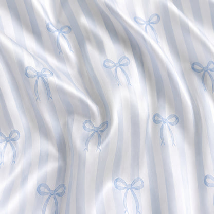 PJ-332-Blue Striped Satin Ribbon Pajama Set, Light Bow Sleeve Loungewear Sleepwear Collection Outfit