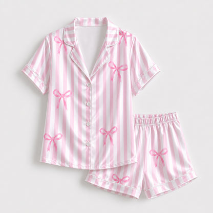 PJ-333-Pink Striped Satin Ribbon Pajama Set, Light Bow Sleeve Loungewear Sleepwear Collection Outfit