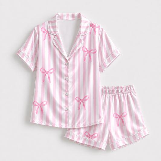 PJ-333-Pink Striped Satin Ribbon Pajama Set, Light Bow Sleeve Loungewear Sleepwear Collection Outfit