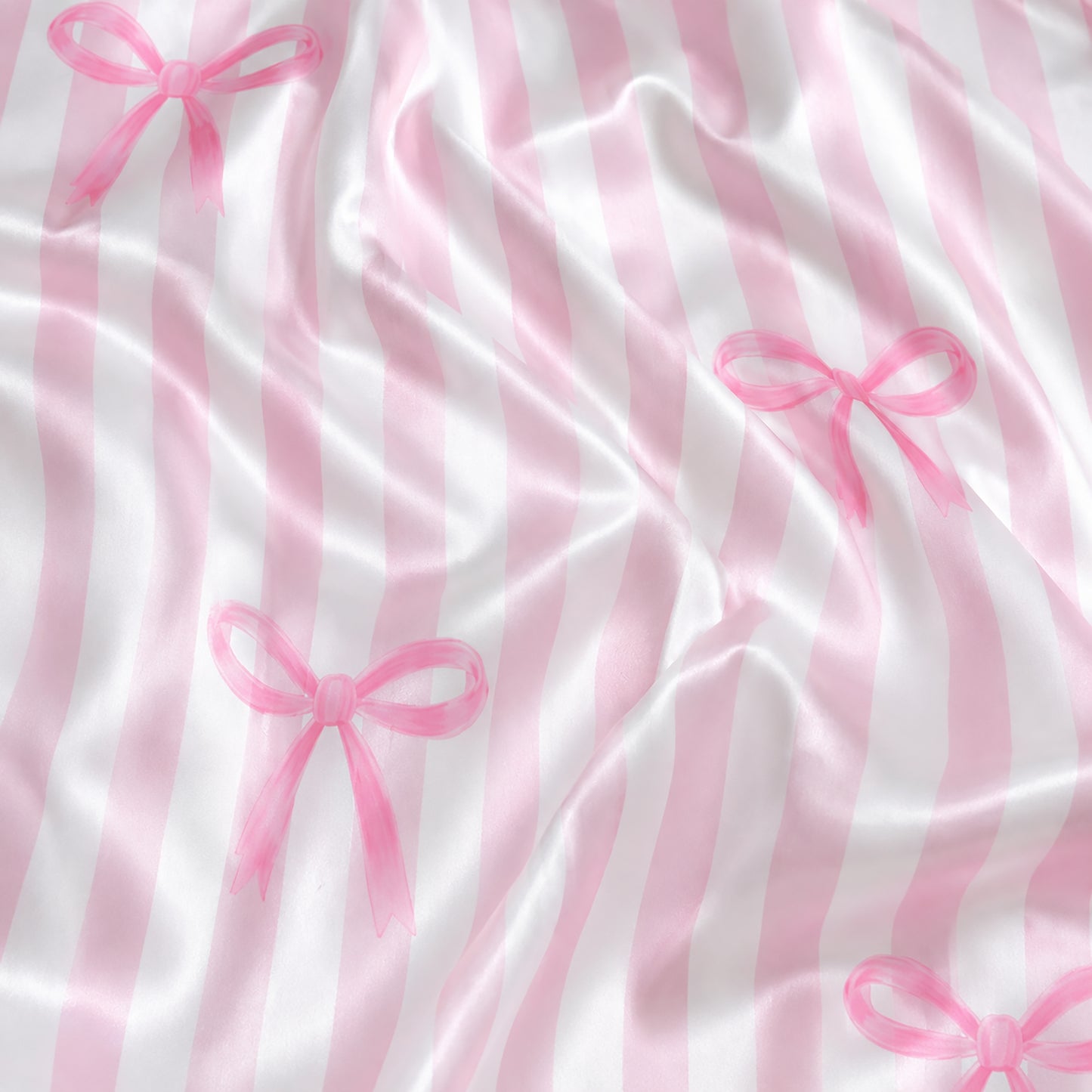 PJ-333-Pink Striped Satin Ribbon Pajama Set, Light Bow Sleeve Loungewear Sleepwear Collection Outfit
