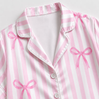 PJ-333-Pink Striped Satin Ribbon Pajama Set, Light Bow Sleeve Loungewear Sleepwear Collection Outfit