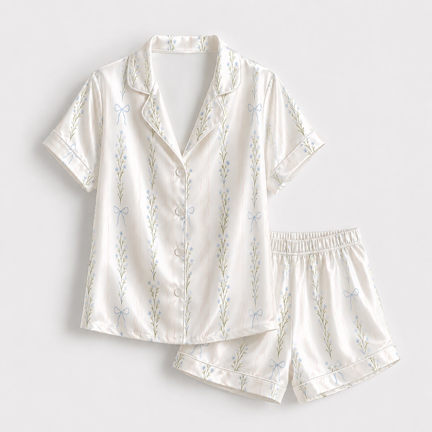 PJ-334-Ribbon Pajama Set, Blue Blossom Sleeve Loungewear Sleepwear Collection Nightwear Boutique