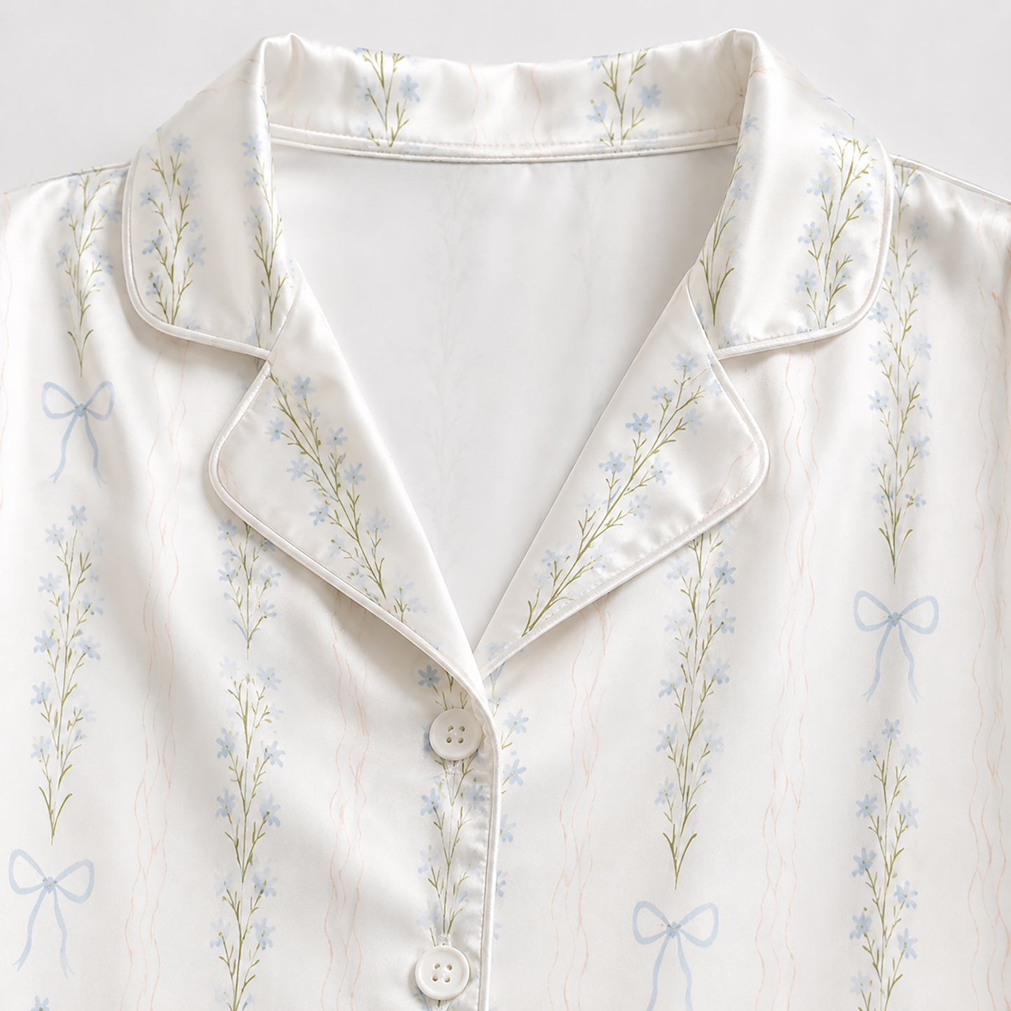 PJ-334-Ribbon Pajama Set, Blue Blossom Sleeve Loungewear Sleepwear Collection Nightwear Boutique
