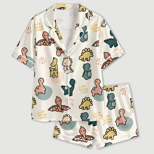 PJ-599-Cream Cute Dinosaur Satin Pajamas Pastel Dino Doodle Sleepwear Pjs