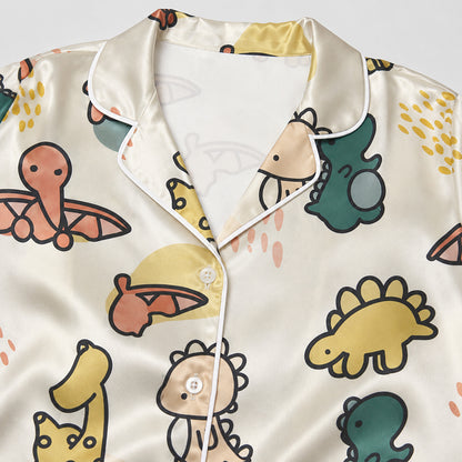 PJ-599-Cream Cute Dinosaur Satin Pajamas Pastel Dino Doodle Sleepwear Pjs