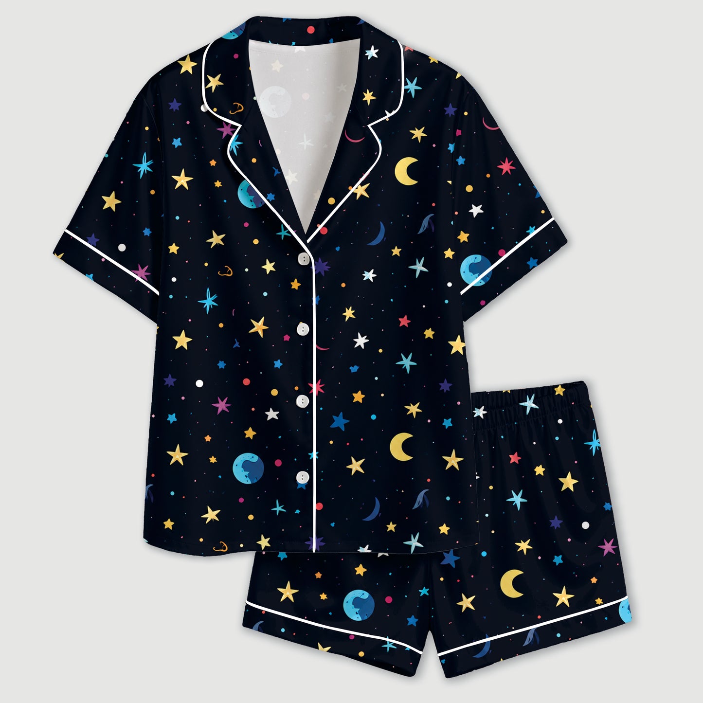 PJ-600-Black Celestial Galaxy Satin Pajamas Colorful Star Moon Planet Sleepwear Pjs