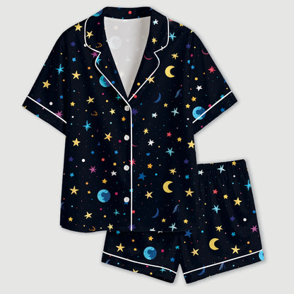PJ-600-Black Celestial Galaxy Satin Pajamas Colorful Star Moon Planet Sleepwear Pjs