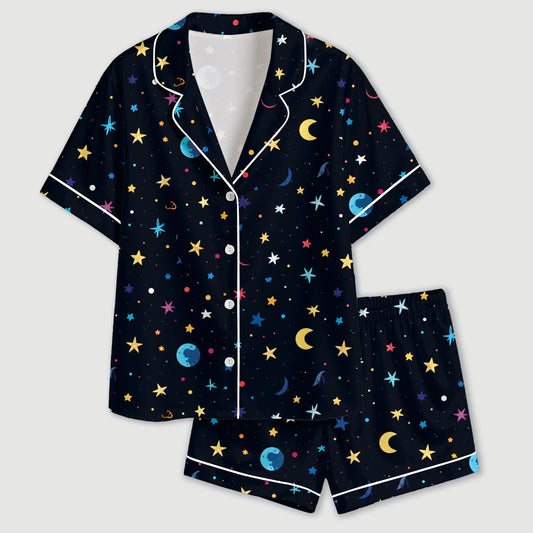PJ-600-Black Celestial Galaxy Satin Pajamas Colorful Star Moon Planet Sleepwear Pjs