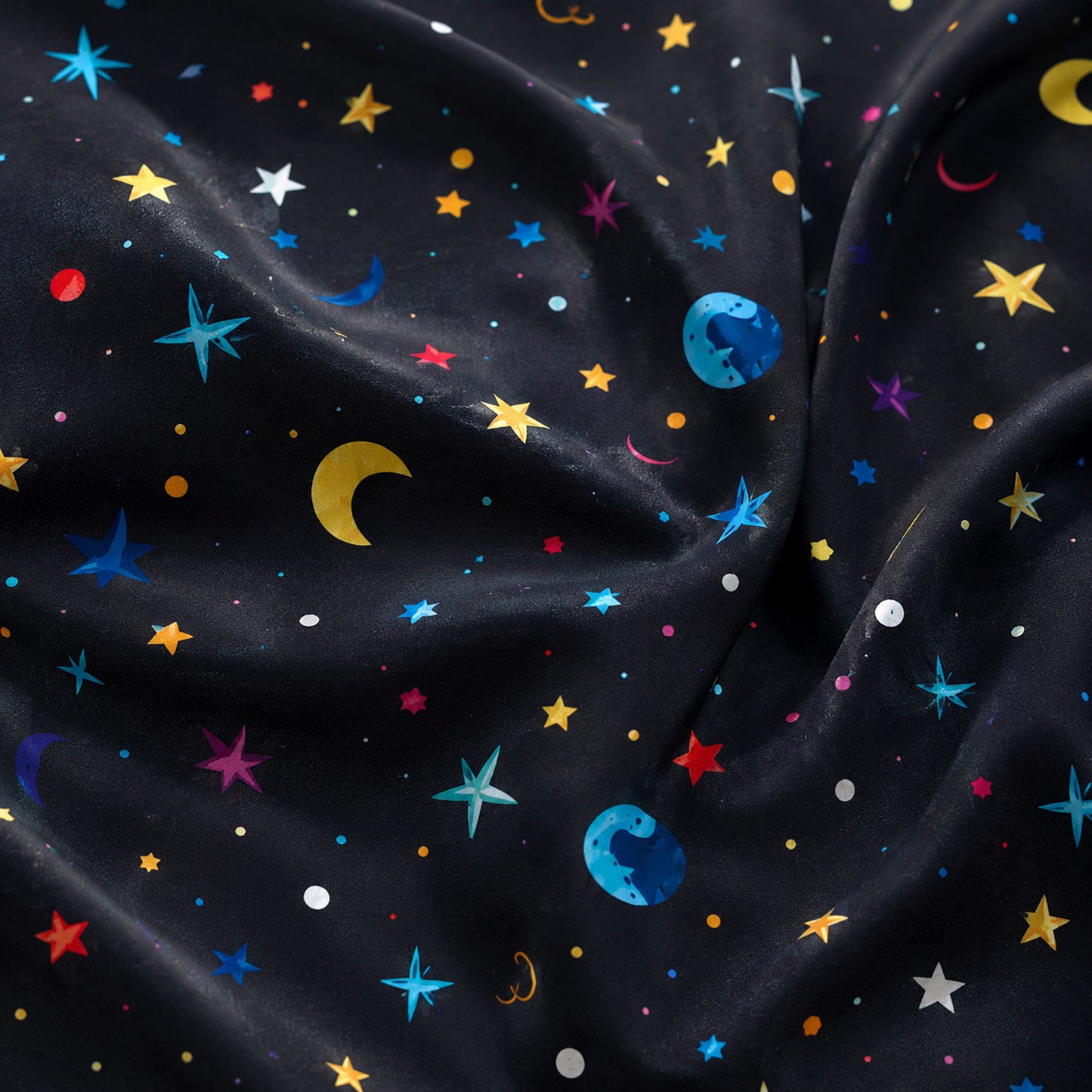 PJ-600-Black Celestial Galaxy Satin Pajamas Colorful Star Moon Planet Sleepwear Pjs
