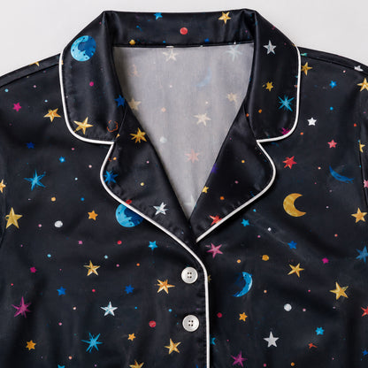 PJ-600-Black Celestial Galaxy Satin Pajamas Colorful Star Moon Planet Sleepwear Pjs