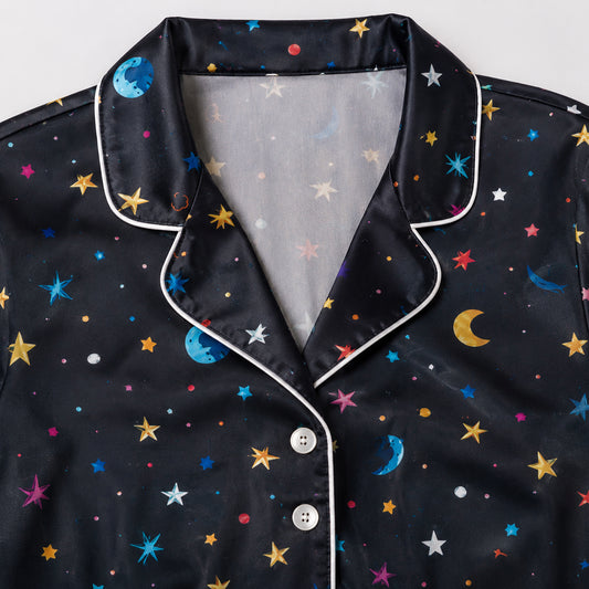 PJ-600-Black Celestial Galaxy Satin Pajamas Colorful Star Moon Planet Sleepwear Pjs