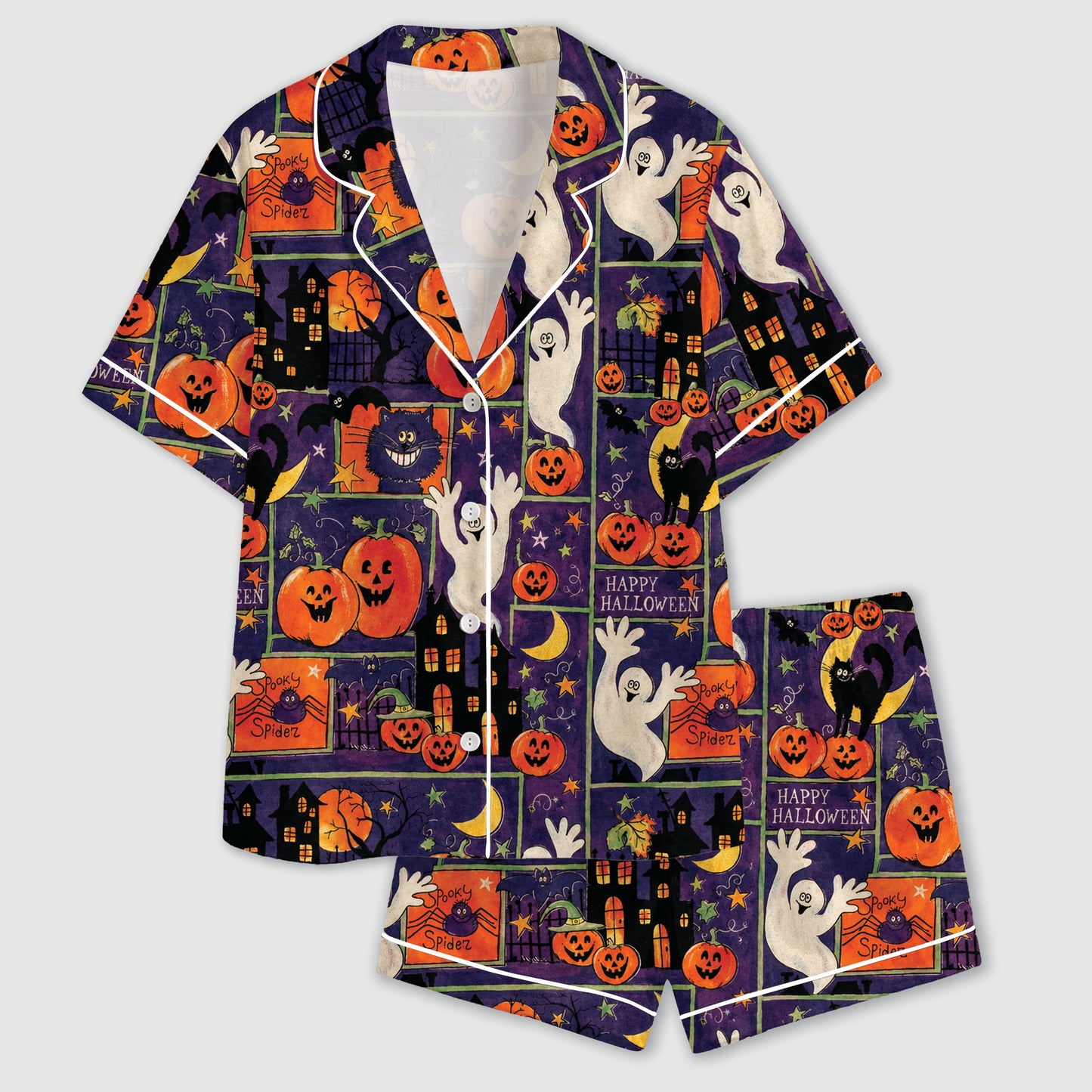 PJ-602-Purple Vintage Halloween Patchwork Satin Pajamas Ghost Pumpkin Cat Sleepwear Pjs
