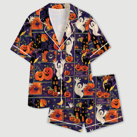 PJ-602-Purple Vintage Halloween Patchwork Satin Pajamas Ghost Pumpkin Cat Sleepwear Pjs