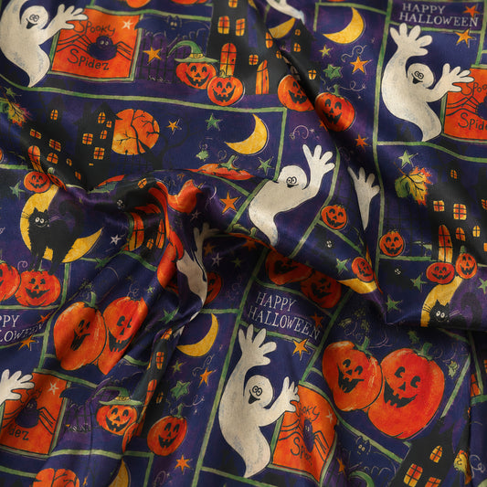 PJ-602-Purple Vintage Halloween Patchwork Satin Pajamas Ghost Pumpkin Cat Sleepwear Pjs