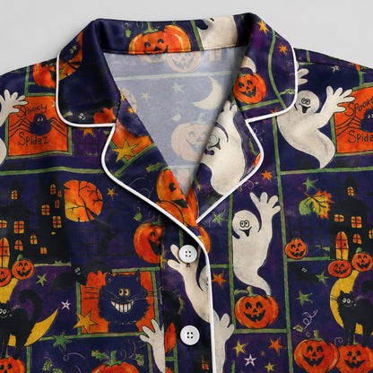 PJ-602-Purple Vintage Halloween Patchwork Satin Pajamas Ghost Pumpkin Cat Sleepwear Pjs