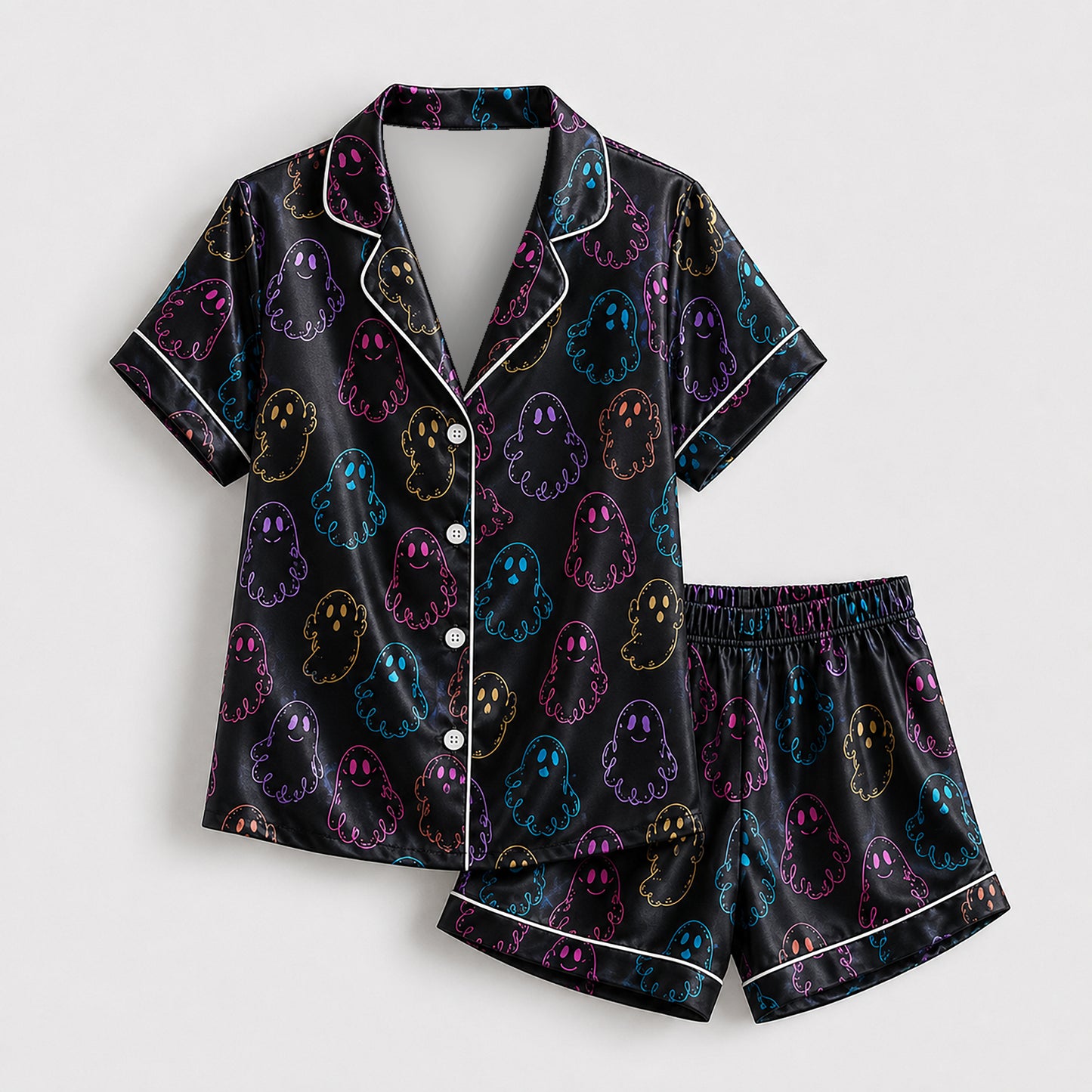 PJ-603-Black Neon Ghost Satin Pajamas Colorful Spooky Cute Halloween Sleepwear Pjs