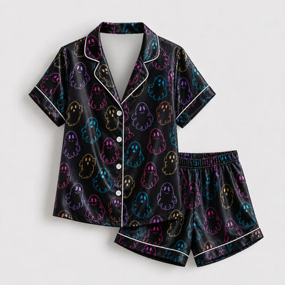 PJ-603-Black Neon Ghost Satin Pajamas Colorful Spooky Cute Halloween Sleepwear Pjs