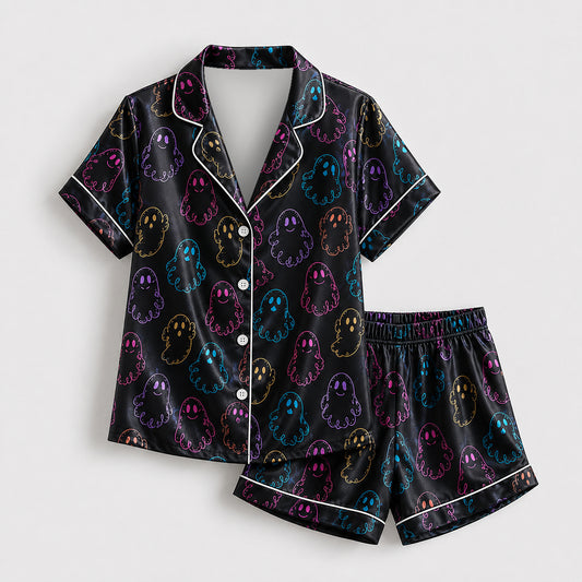PJ-603-Black Neon Ghost Satin Pajamas Colorful Spooky Cute Halloween Sleepwear Pjs
