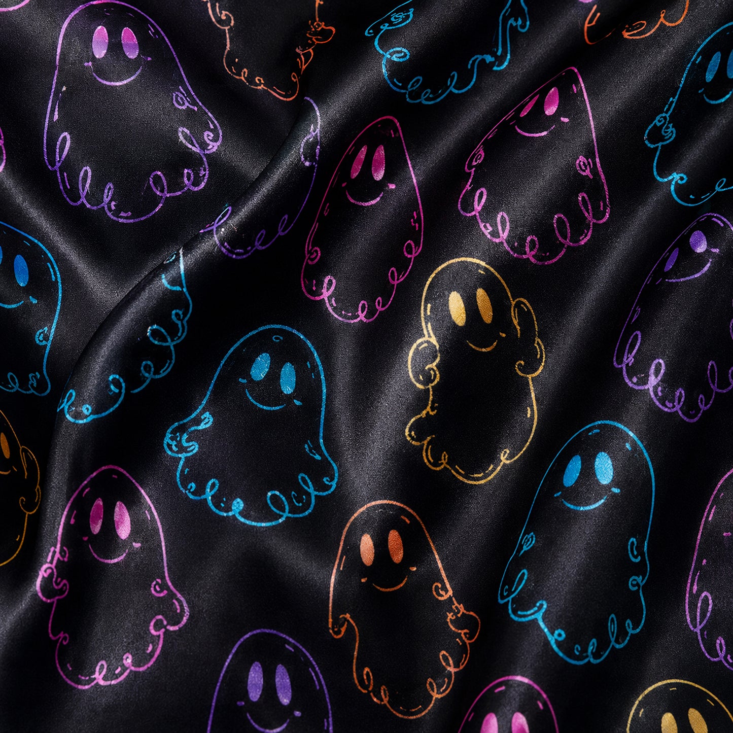 PJ-603-Black Neon Ghost Satin Pajamas Colorful Spooky Cute Halloween Sleepwear Pjs