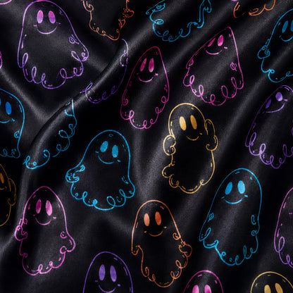 PJ-603-Black Neon Ghost Satin Pajamas Colorful Spooky Cute Halloween Sleepwear Pjs