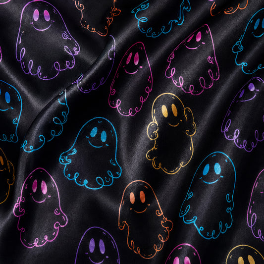 PJ-603-Black Neon Ghost Satin Pajamas Colorful Spooky Cute Halloween Sleepwear Pjs