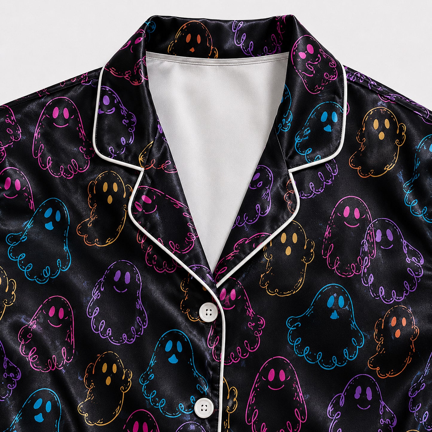 PJ-603-Black Neon Ghost Satin Pajamas Colorful Spooky Cute Halloween Sleepwear Pjs