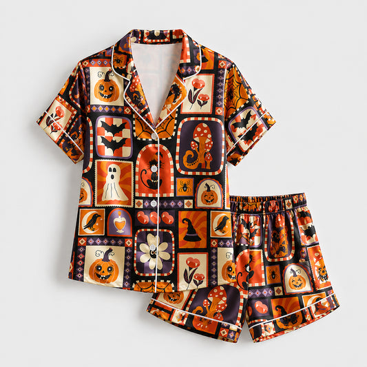 PJ-604-Retro Orange Halloween Patchwork Satin Pajamas Spooky Pumpkin Witch Sleepwear Pjs