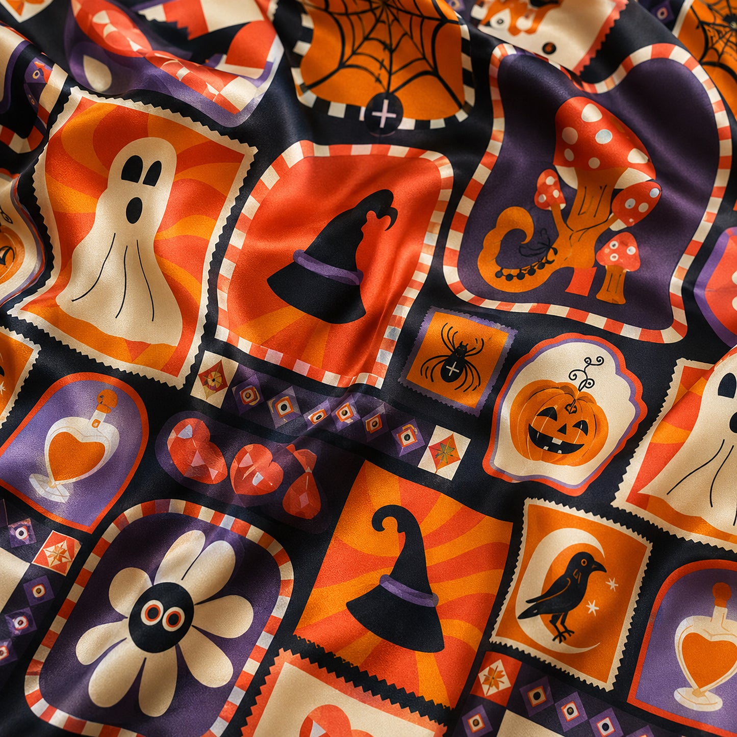 PJ-604-Retro Orange Halloween Patchwork Satin Pajamas Spooky Pumpkin Witch Sleepwear Pjs
