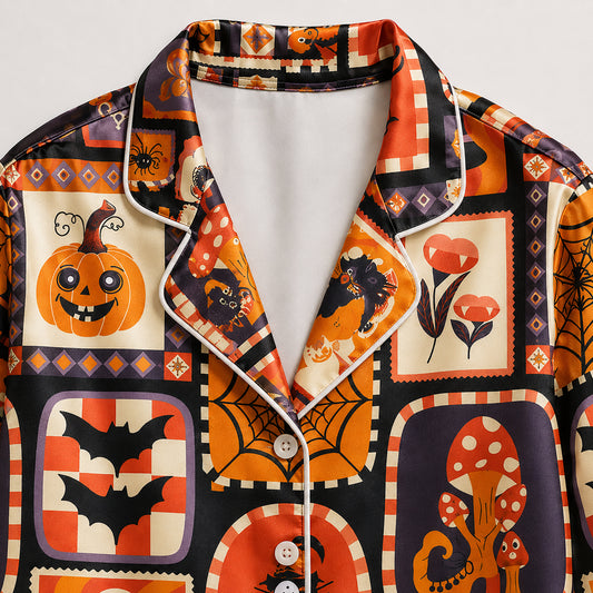 PJ-604-Retro Orange Halloween Patchwork Satin Pajamas Spooky Pumpkin Witch Sleepwear Pjs