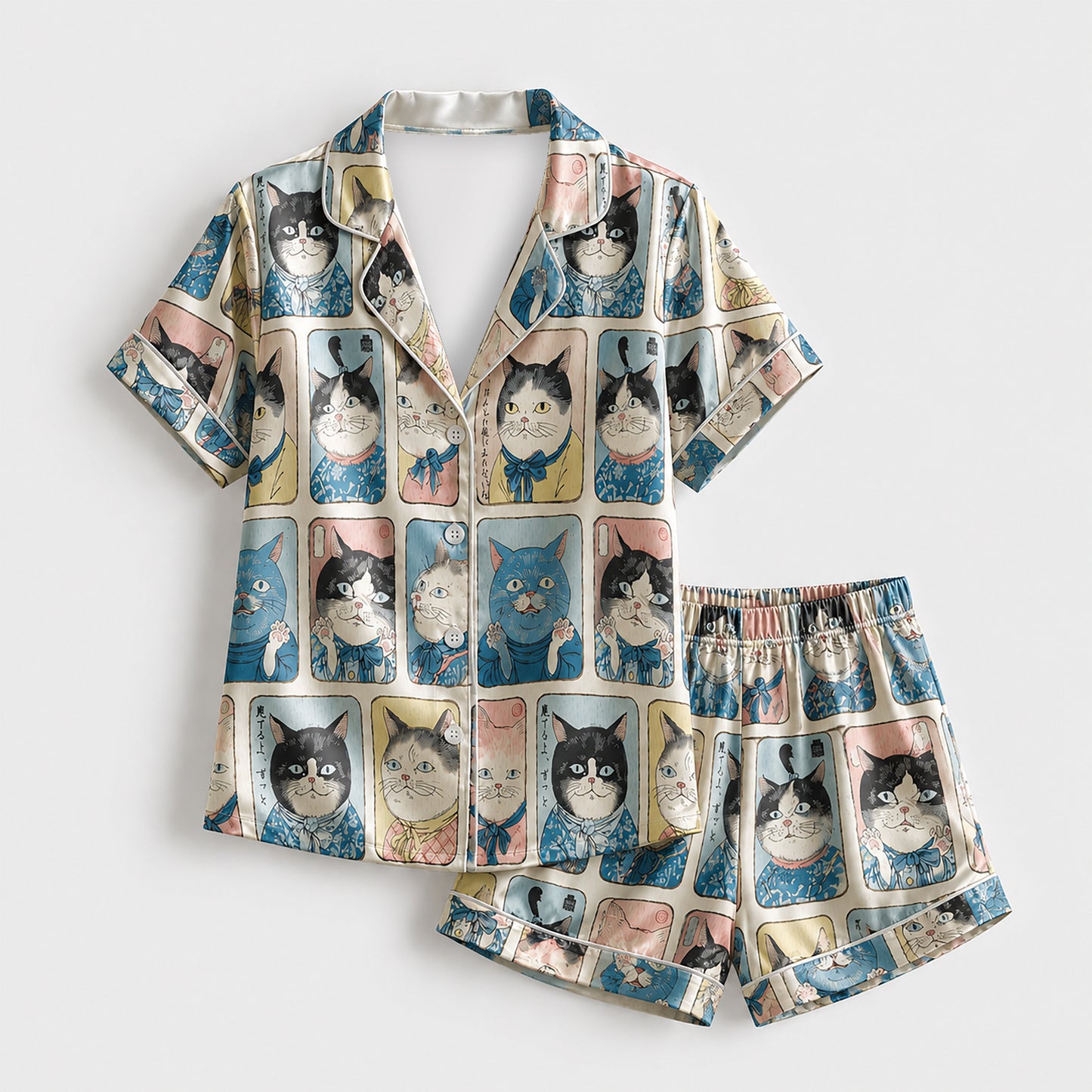 PJ-627-Vintage Japanese Feline Art Satin Pajamas Quirky Cat Sleepwear Pjs