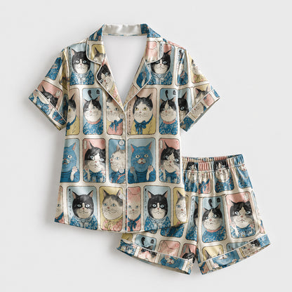 PJ-627-Vintage Japanese Feline Art Satin Pajamas Quirky Cat Sleepwear Pjs
