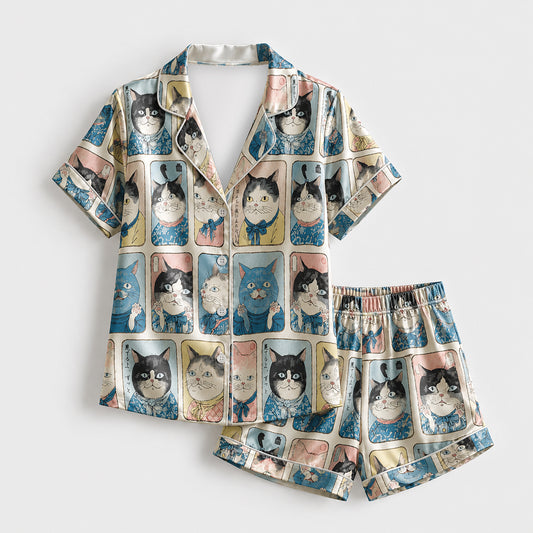 PJ-627-Vintage Japanese Feline Art Satin Pajamas Quirky Cat Sleepwear Pjs