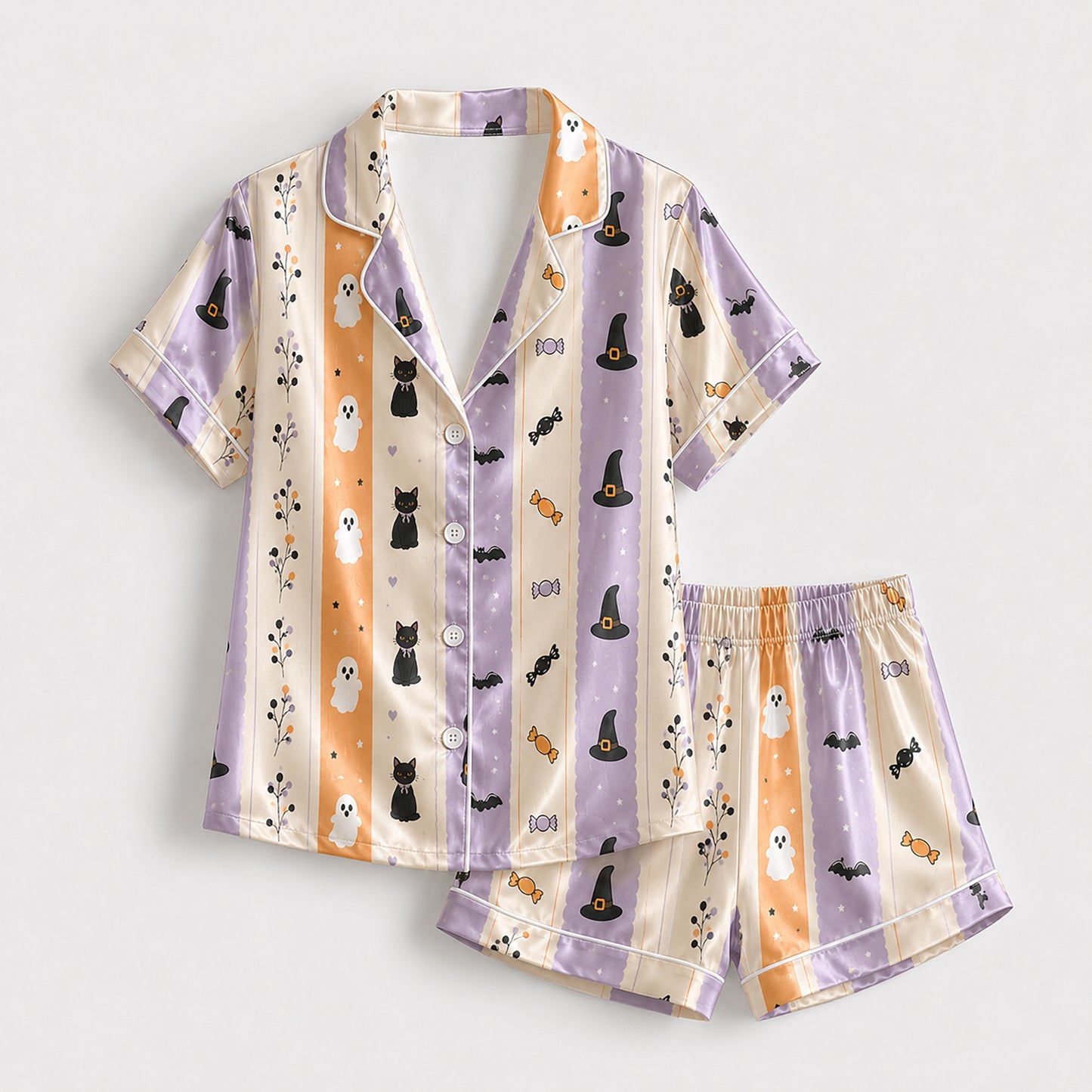 PJ-628-Pastel Halloween Ghost Cat Satin Pajamas Spooky Cute Stripe Sleepwear Pjs