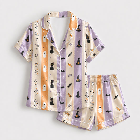 PJ-628-Pastel Halloween Ghost Cat Satin Pajamas Spooky Cute Stripe Sleepwear Pjs