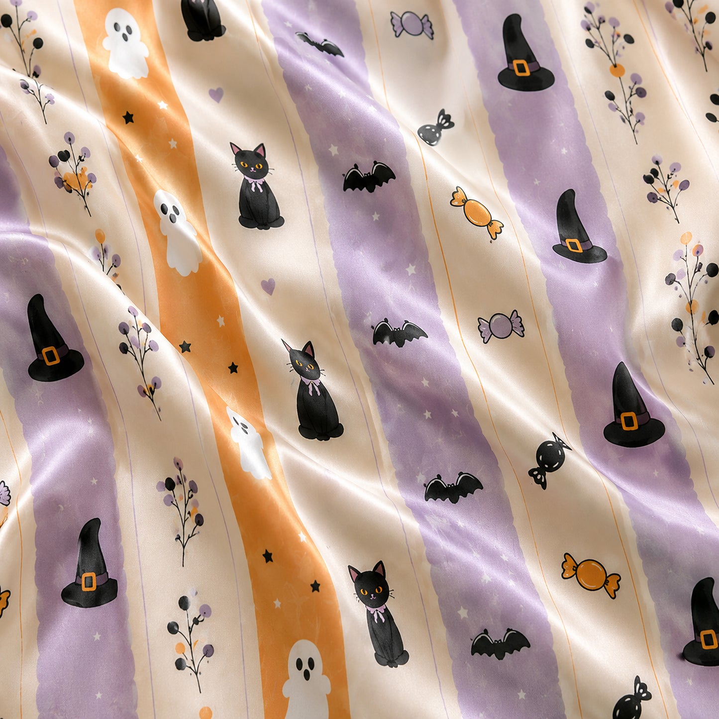 PJ-628-Pastel Halloween Ghost Cat Satin Pajamas Spooky Cute Stripe Sleepwear Pjs