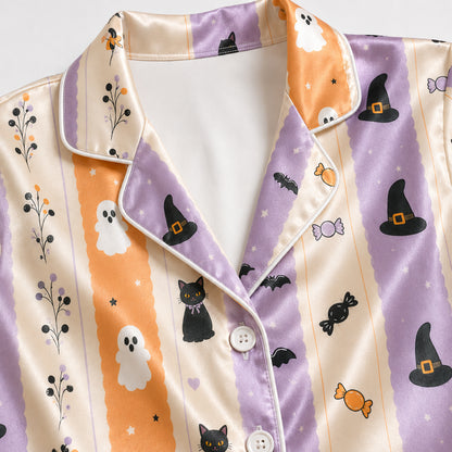 PJ-628-Pastel Halloween Ghost Cat Satin Pajamas Spooky Cute Stripe Sleepwear Pjs