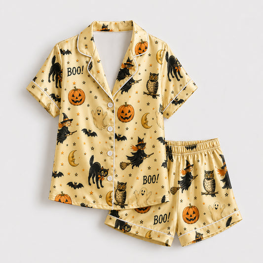 PJ-629-Spooky Autumn Lounge Set Yellow Satin Sleepwear Retro Halloween Pajamas