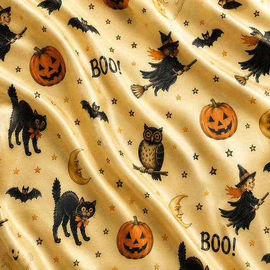 PJ-629-Spooky Autumn Lounge Set Yellow Satin Sleepwear Retro Halloween Pajamas