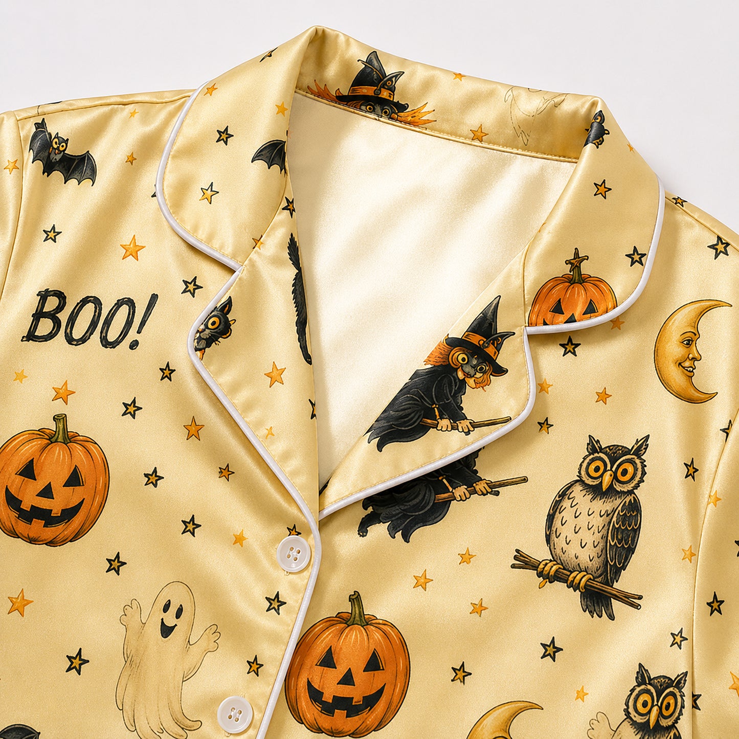 PJ-629-Spooky Autumn Lounge Set Yellow Satin Sleepwear Retro Halloween Pajamas
