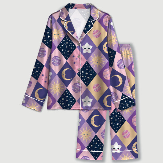PJ-632-Celestial Diamond Pattern Satin Sleepwear Mystical Sun Moon Star Pajamas Pjs