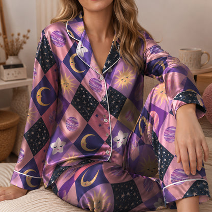 PJ-632-Celestial Diamond Pattern Satin Sleepwear Mystical Sun Moon Star Pajamas Pjs