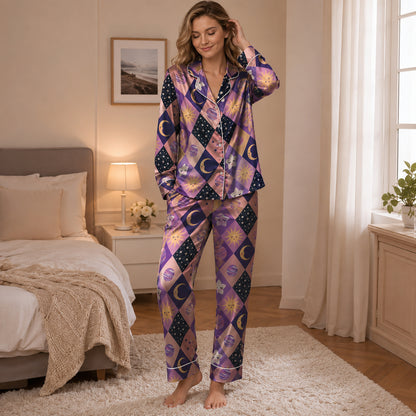 PJ-632-Celestial Diamond Pattern Satin Sleepwear Mystical Sun Moon Star Pajamas Pjs