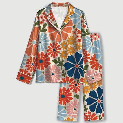 PJ-635-Retro Floral Satin Pajamas Vibrant Daisy Print Colorful Groovy Sleepwear Pjs