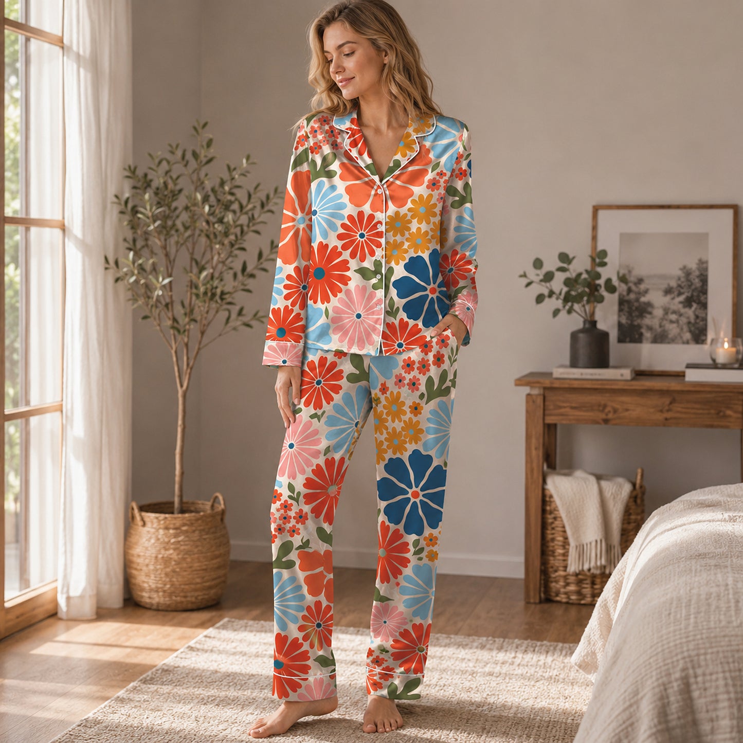 PJ-635-Retro Floral Satin Pajamas Vibrant Daisy Print Colorful Groovy Sleepwear Pjs