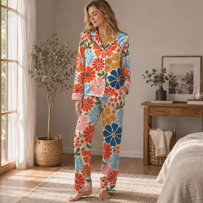 PJ-635-Retro Floral Satin Pajamas Vibrant Daisy Print Colorful Groovy Sleepwear Pjs
