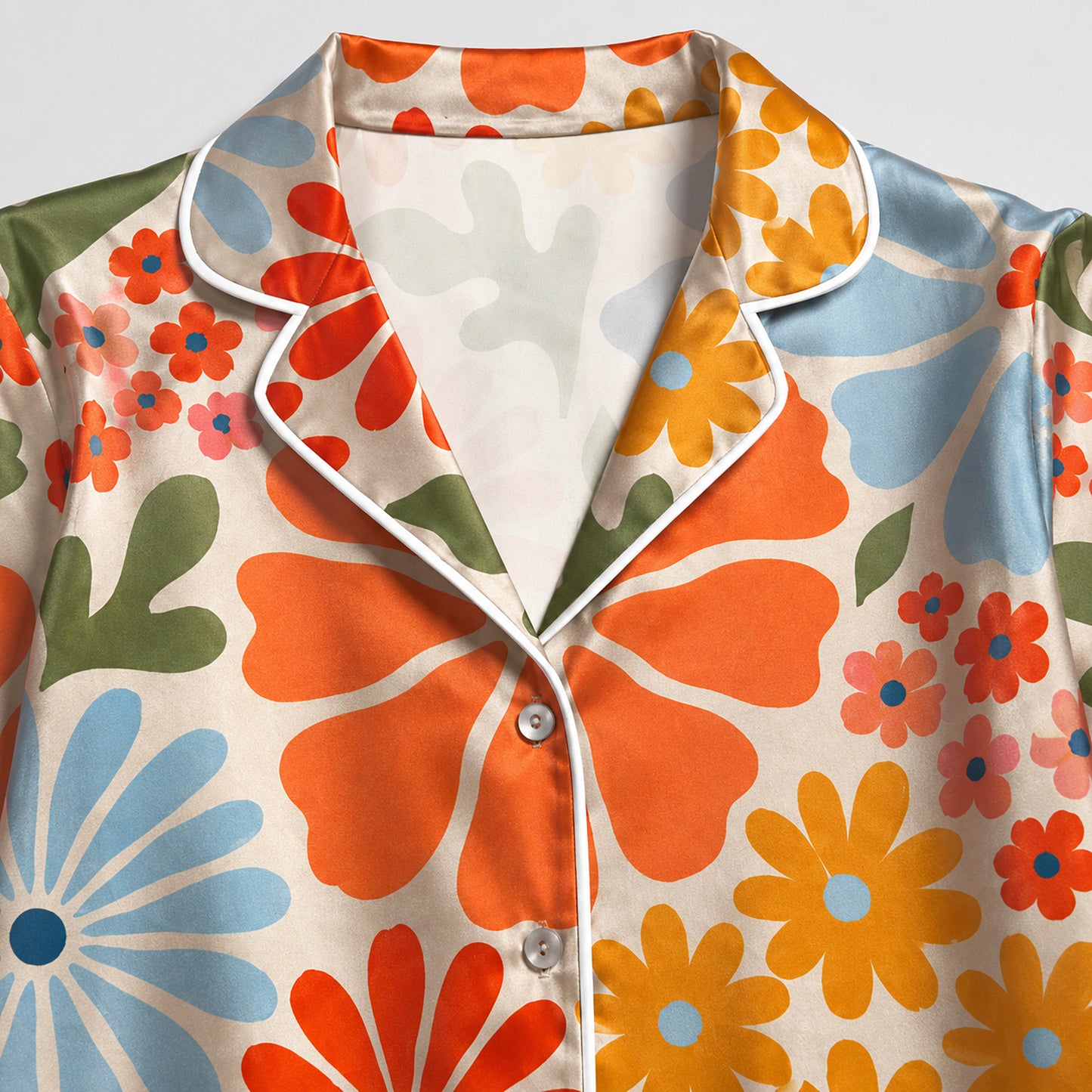 PJ-635-Retro Floral Satin Pajamas Vibrant Daisy Print Colorful Groovy Sleepwear Pjs